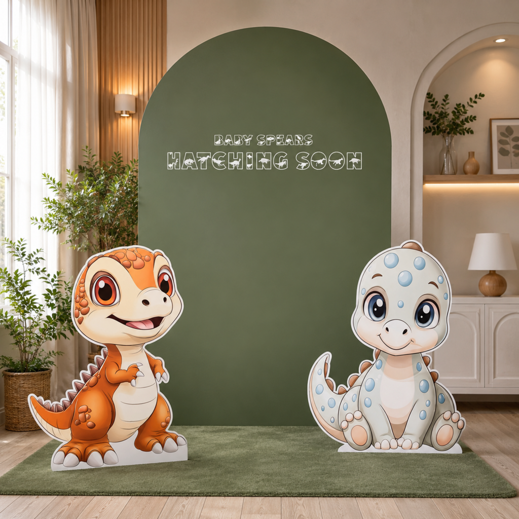Personalized Hatching Soon Dinosaur Baby Shower Backdrop Set with 2 Character Cutouts – 3 Pieces