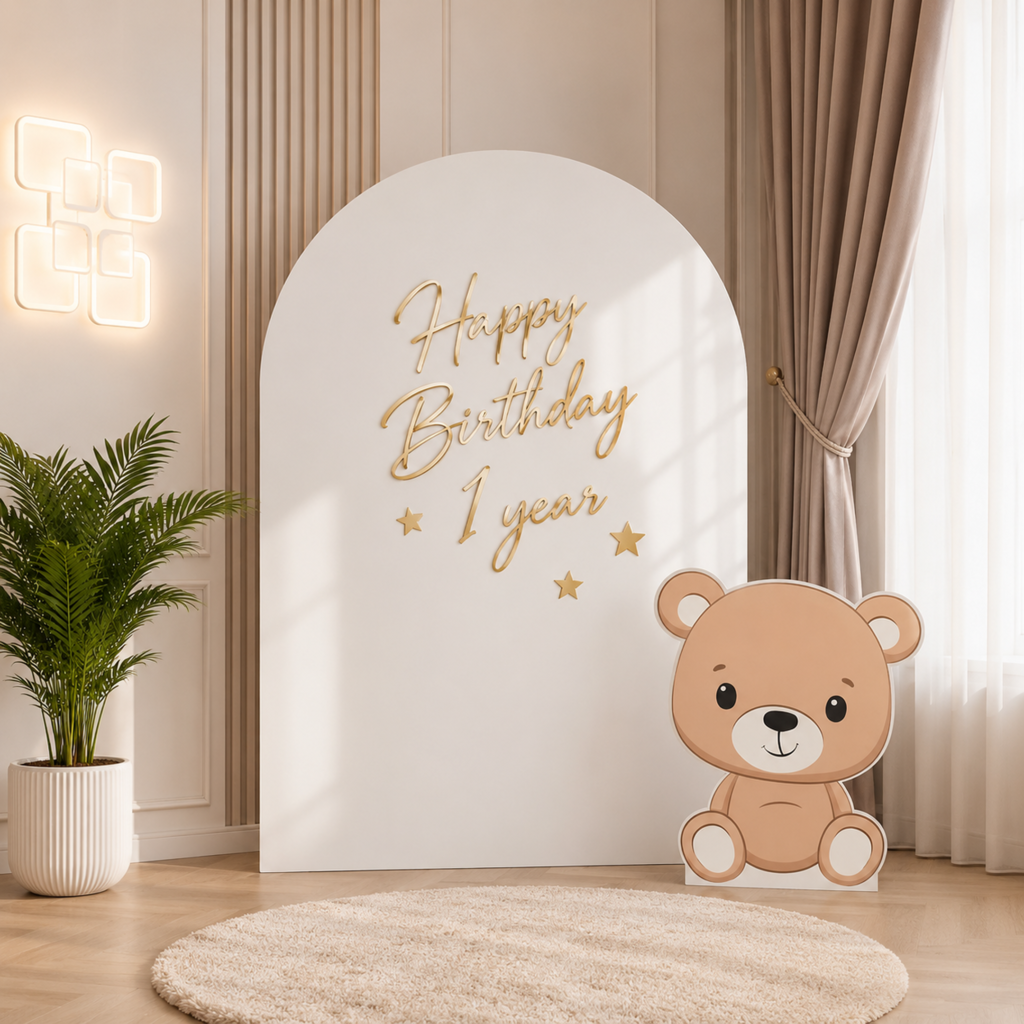 Personalized Happy Birthday 1 Year Backdrop with Teddy Bear Cutout – 2 Piece Set