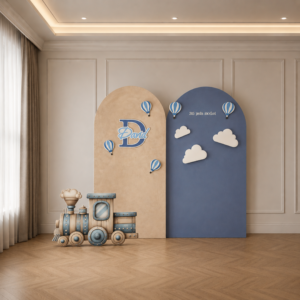 Personalized Vintage Train & Hot Air Balloon Birthday Backdrop Set with Name Cutout – 12 Pieces