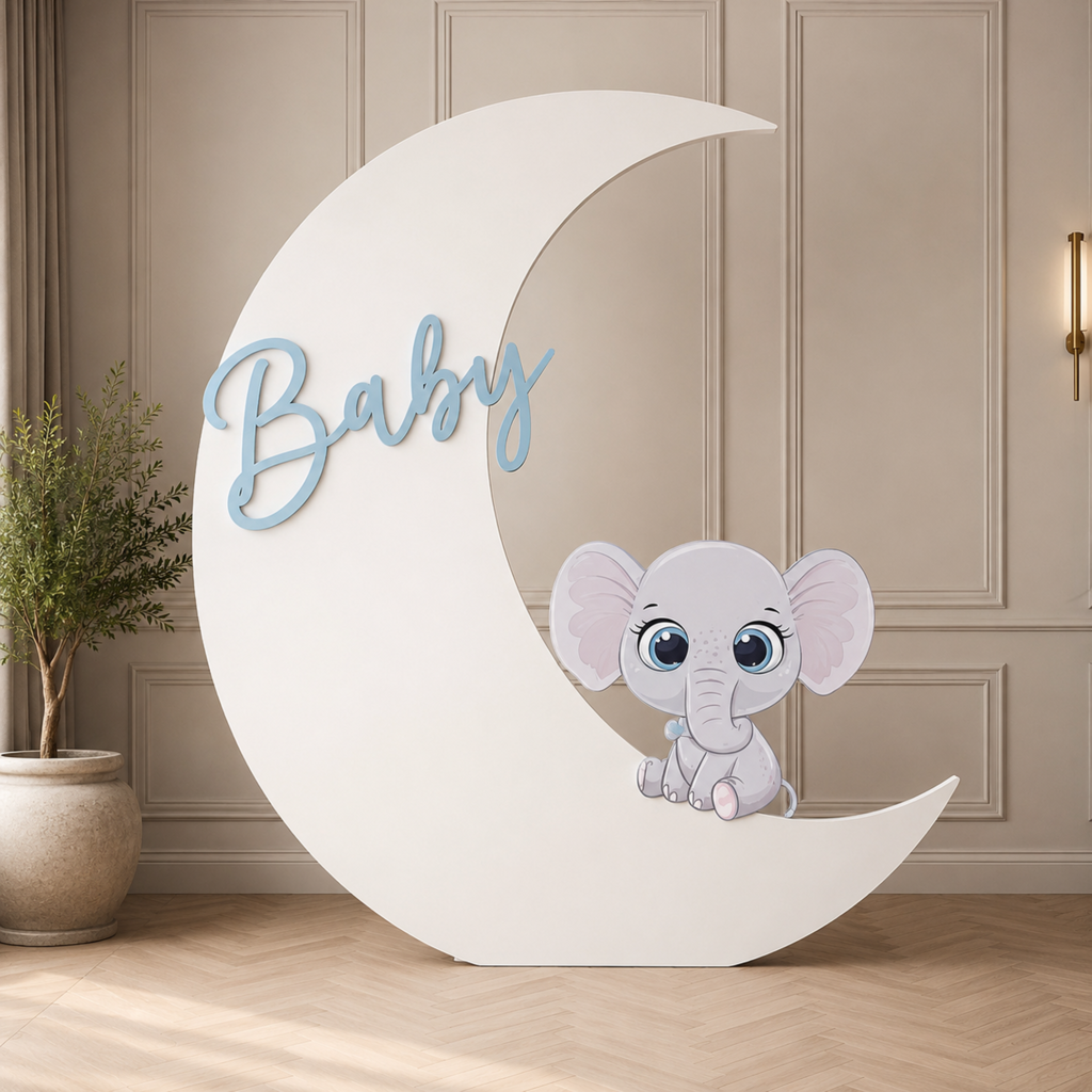 Personalized Crescent Moon Baby Backdrop with Character & Name Cutout – 2 Pieces