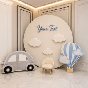 Personalized Baby Round Backdrop Set with Clouds, Hot Air Balloon & Car Cutouts β 6 Pieces