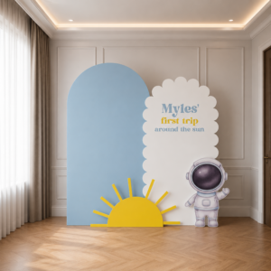 Personalized First Trip Around the Sun Backdrop Set with Astronaut & Sun Cutouts β 4 Pieces
