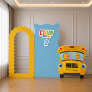 Personalized Kids Birthday Backdrop Set with Arch Panel & Bus Cutout – 3 Pieces