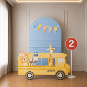 Personalized School Bus Animal Birthday Backdrop Set with Number Sign – 3 Pieces