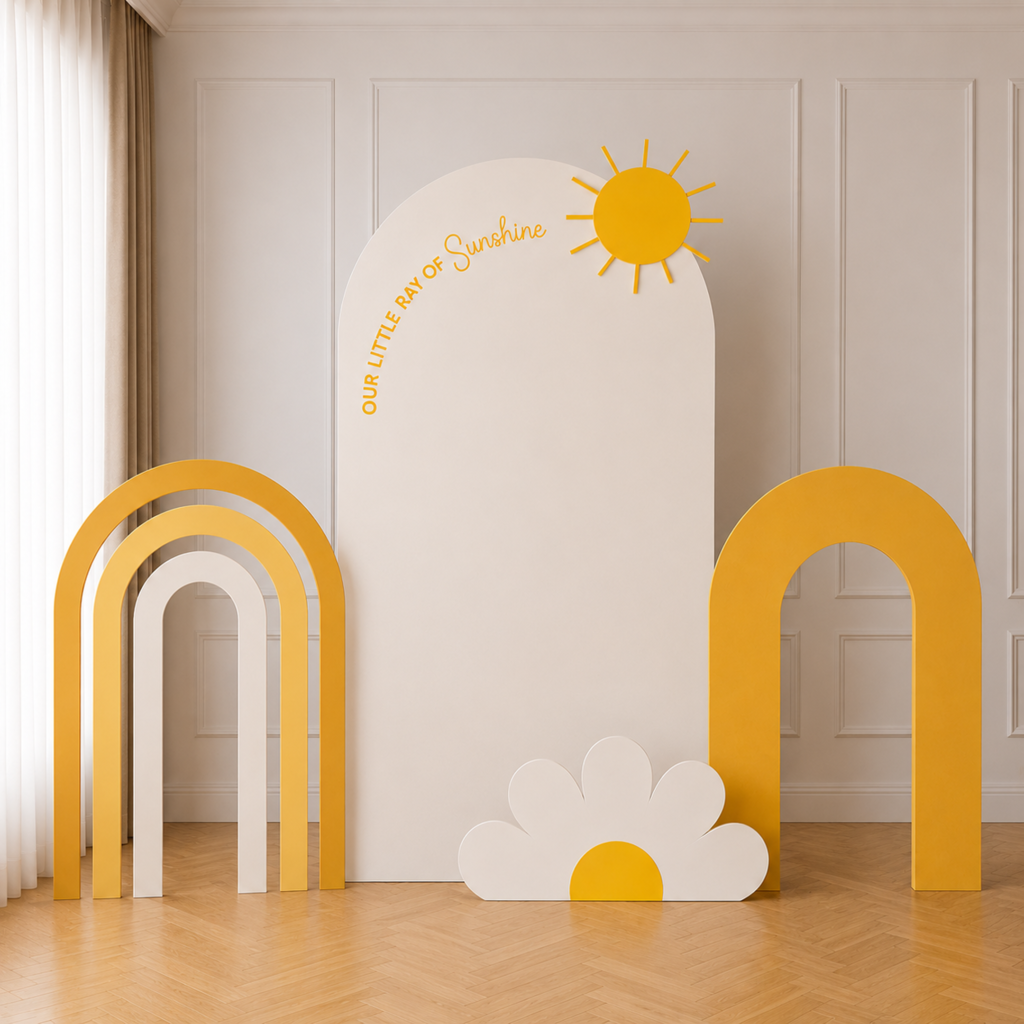Personalized Sunshine Birthday Backdrop Set with Accent Panels & Cloud Cutout – 4 Pieces