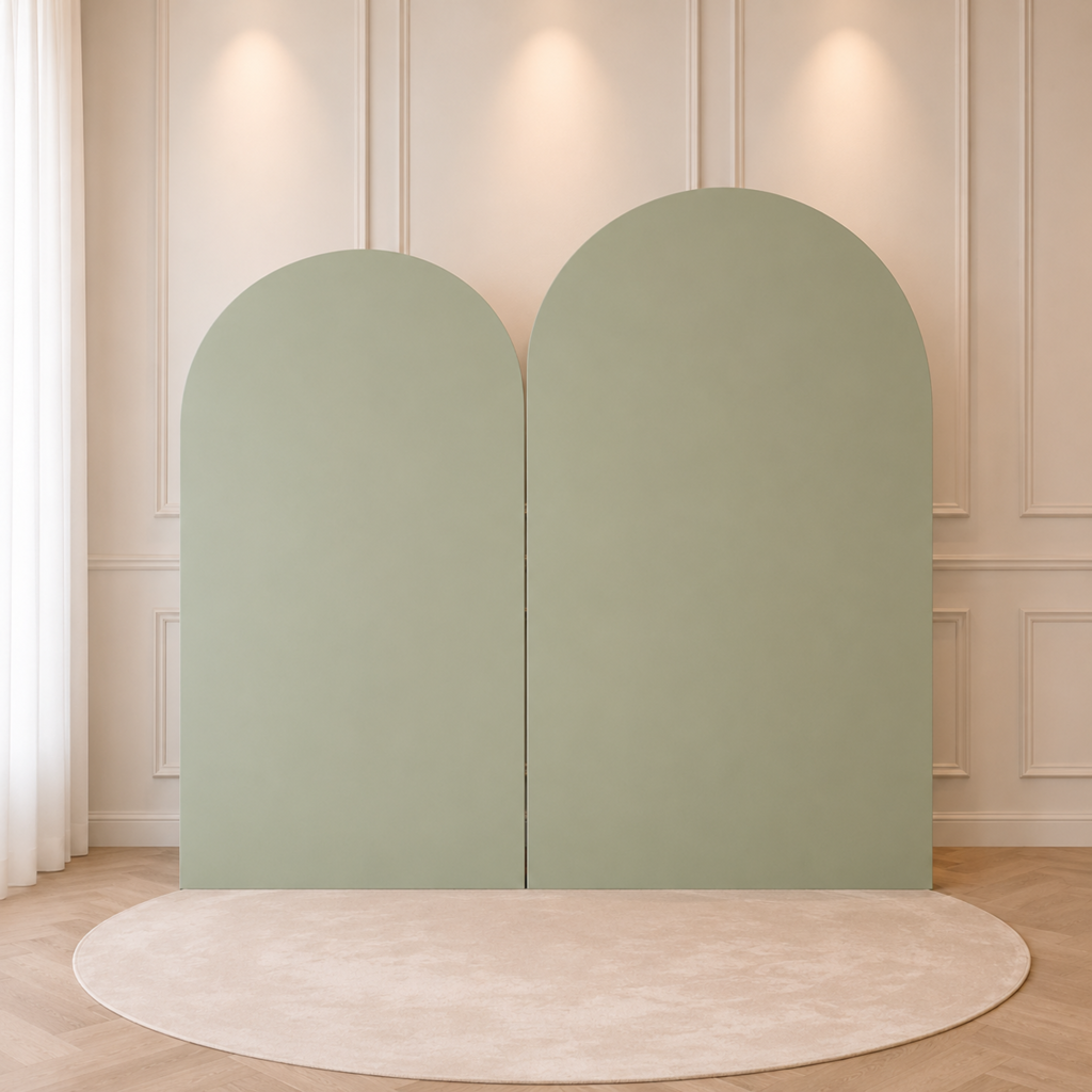 Personalized Minimal Sage Green Double Arch Event Backdrop Set – 2 Pieces