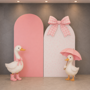 Personalized Pink Duck Birthday Backdrop Set with Character Cutouts & Bow – 5 Pieces