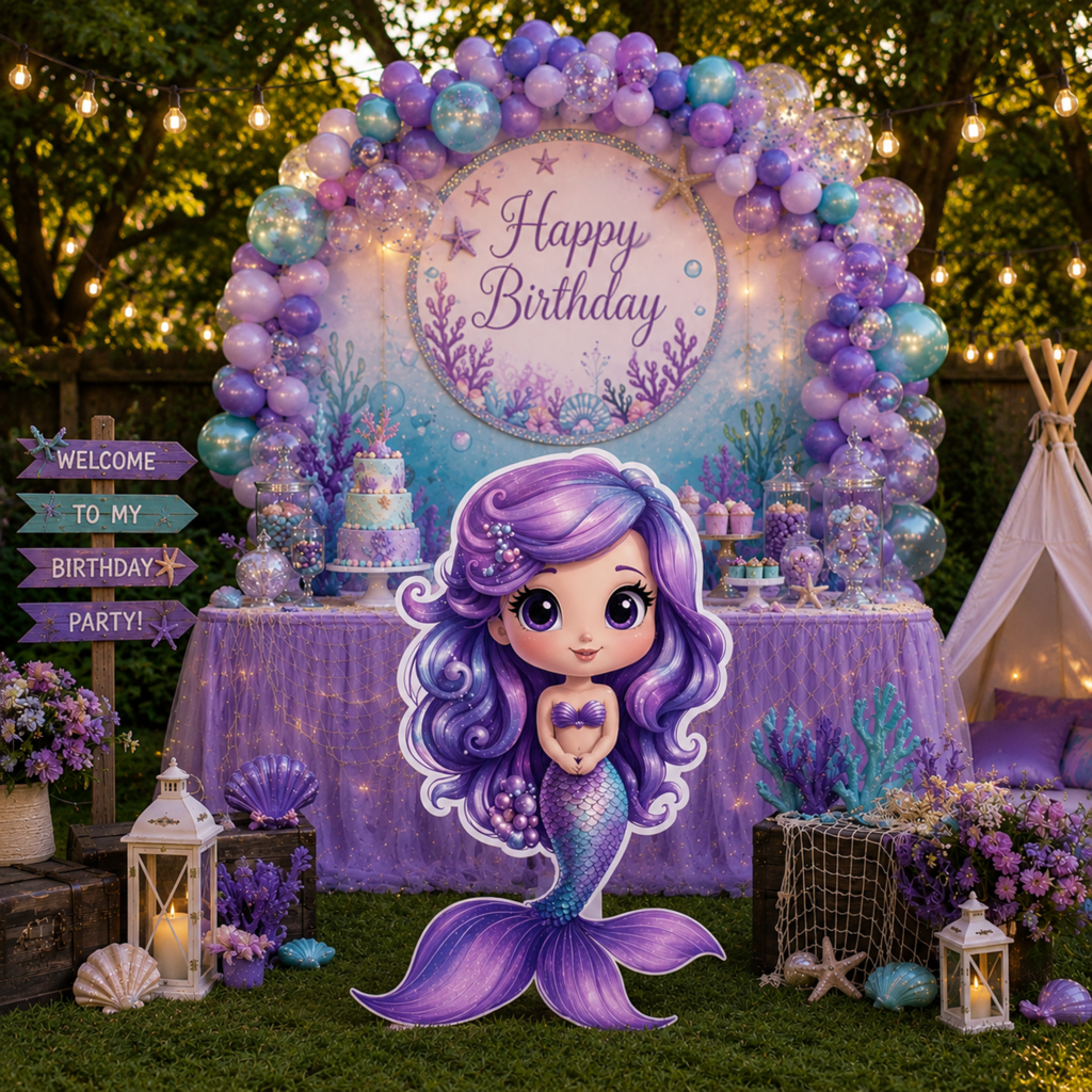Custom Printed Purple Mermaid Character Cutout for Birthday Party Decoration – 1 Piece
