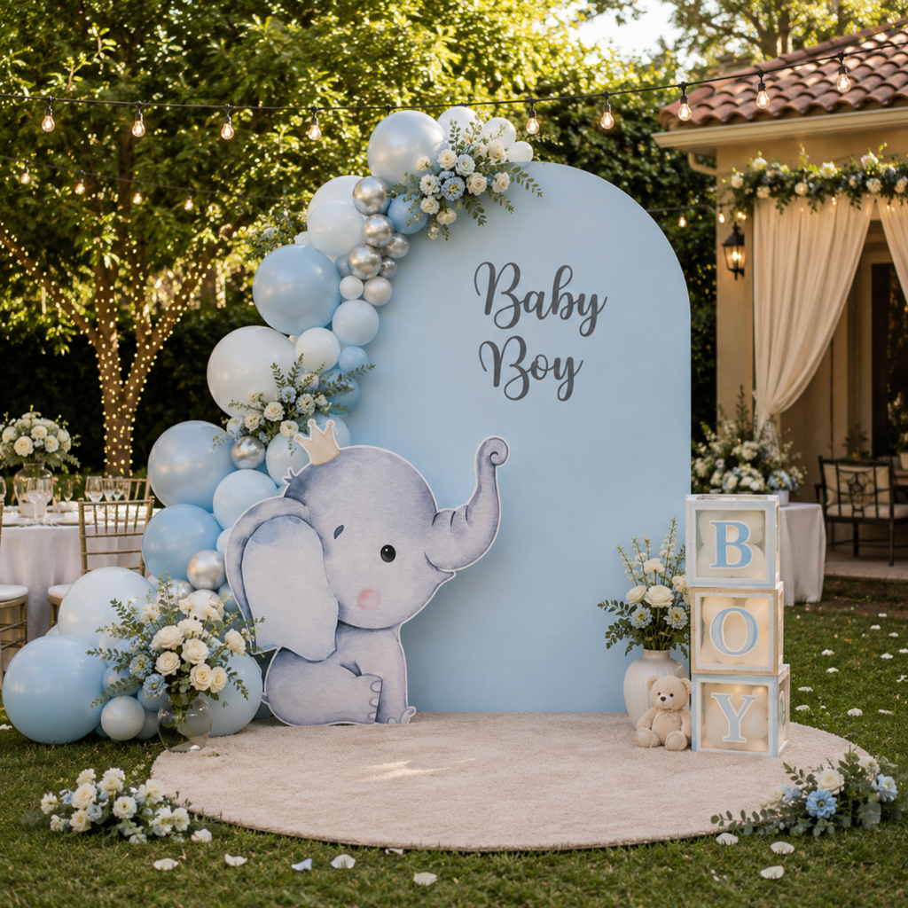 Personalized Baby Boy Elephant Backdrop Set with Cute Cutout – 2 Pieces