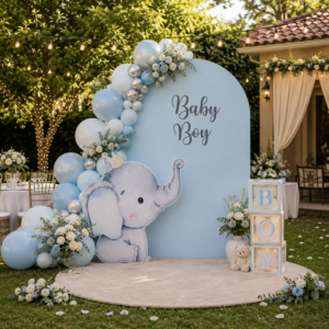 Personalized Baby Boy Elephant Backdrop Set with Cute Cutout β 2 Pieces