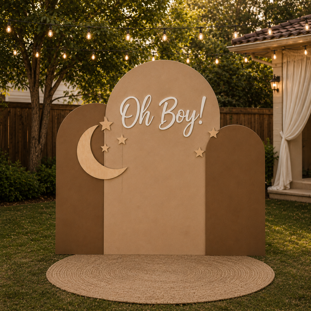 Personalized Oh Boy Baby Shower Backdrop Set with Text & Crescent Cutouts – 5 Pieces