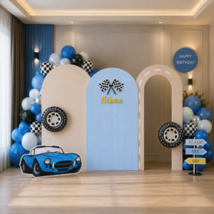 Personalized Race Car Birthday Backdrop Set with Tyre & Car Cutouts – 6 Pieces