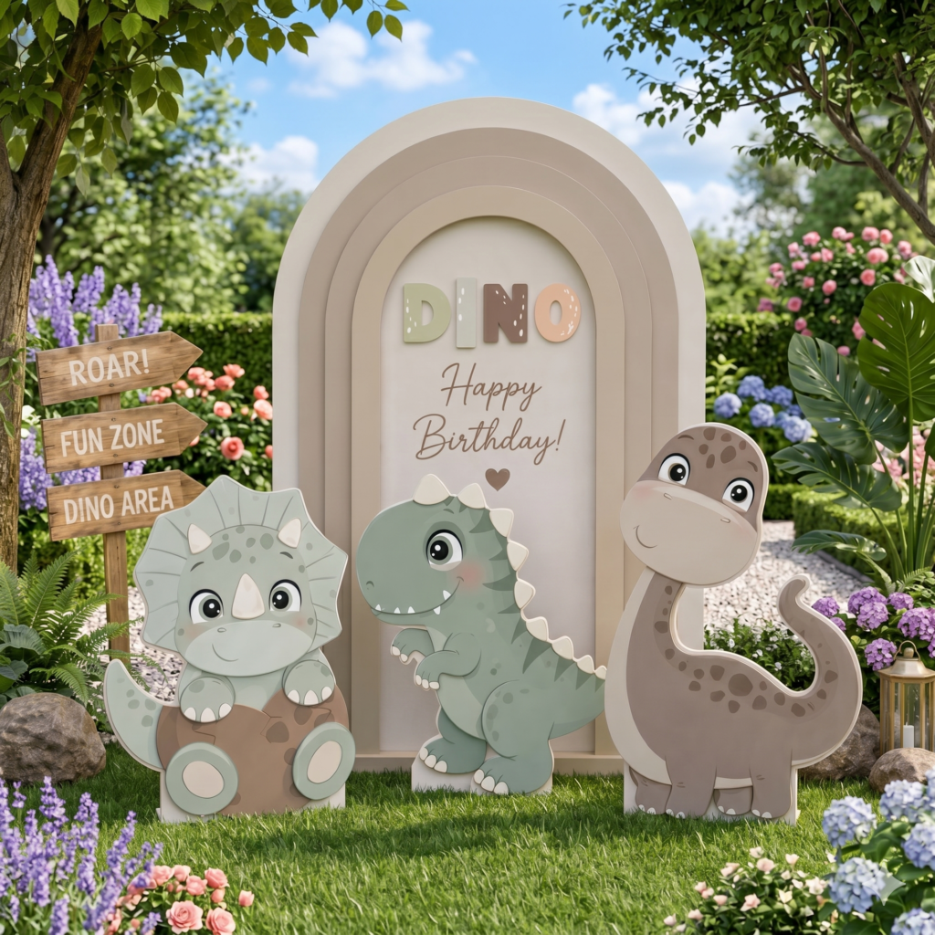 Personalized Dino Happy Birthday Backdrop Set with 3 Character Cutouts & Name Cutout – 5 Pieces
