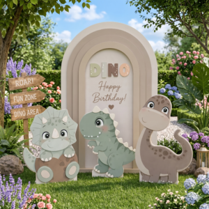 Personalized Dino Happy Birthday Backdrop Set with 3 Character Cutouts & Name Cutout β 5 Pieces