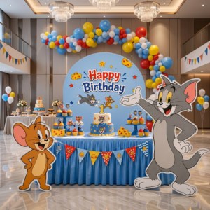 Personalized Cartoon Cat & Mouse Inspired Birthday Backdrop Set with 2 Character Cutouts β 3 Pieces