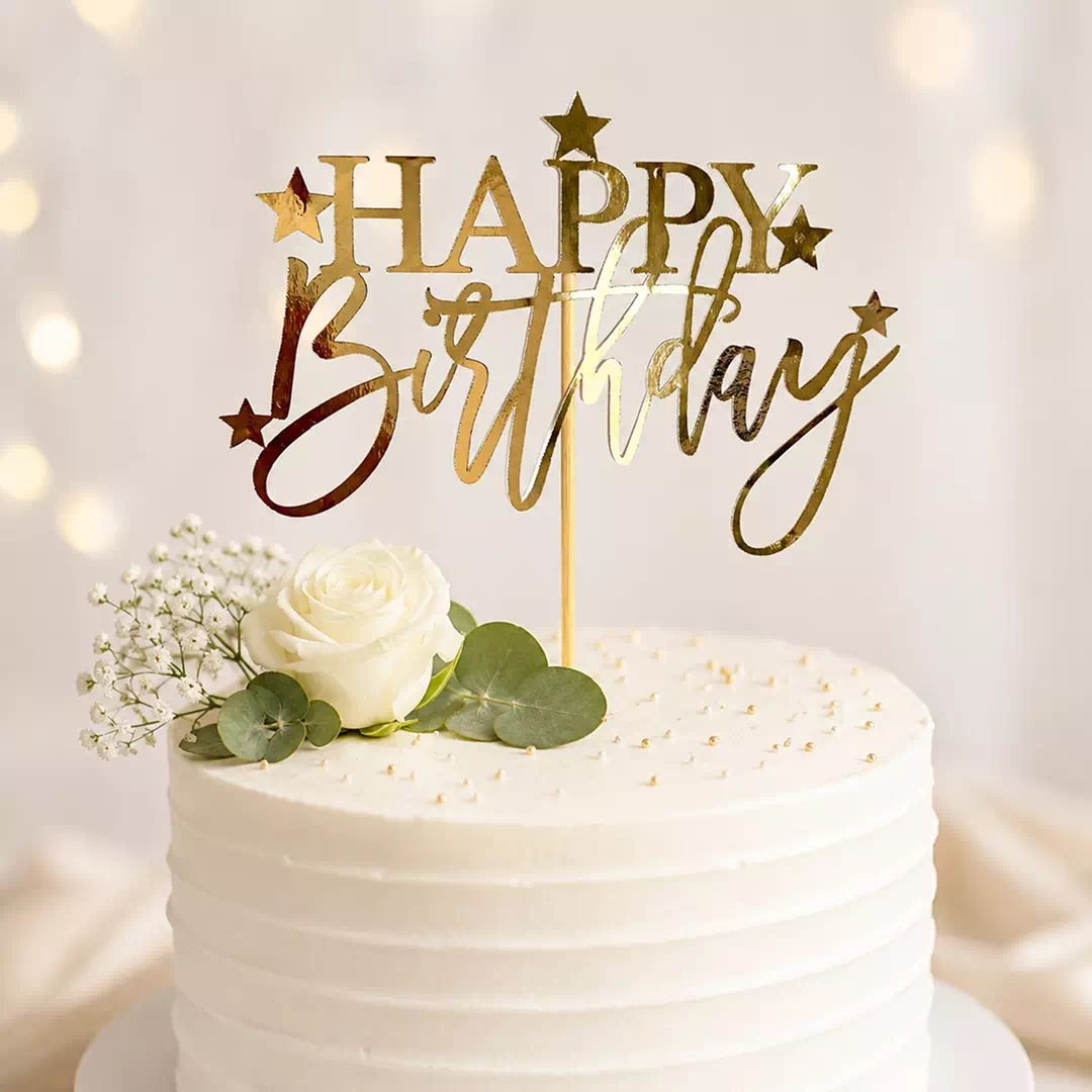 Elegant Happy Birthday Gold Script Cake Topper – 1 Piece - Image 2