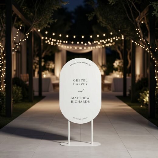 Round White Wedding Welcome Sign – Minimal Ceremony Entrance Board – 1
