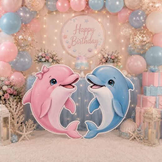 Pink & Blue Dolphin Character Cutout Set – Ocean Birthday Party Display