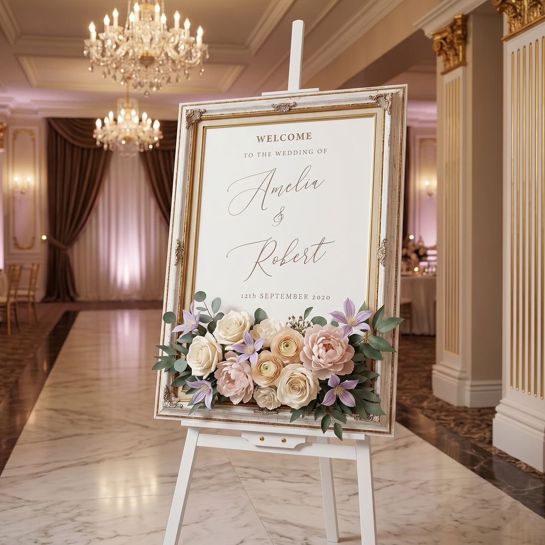 Gold Frame Wedding Welcome Board – Elegant Floral Celebration Entrance - Image 2