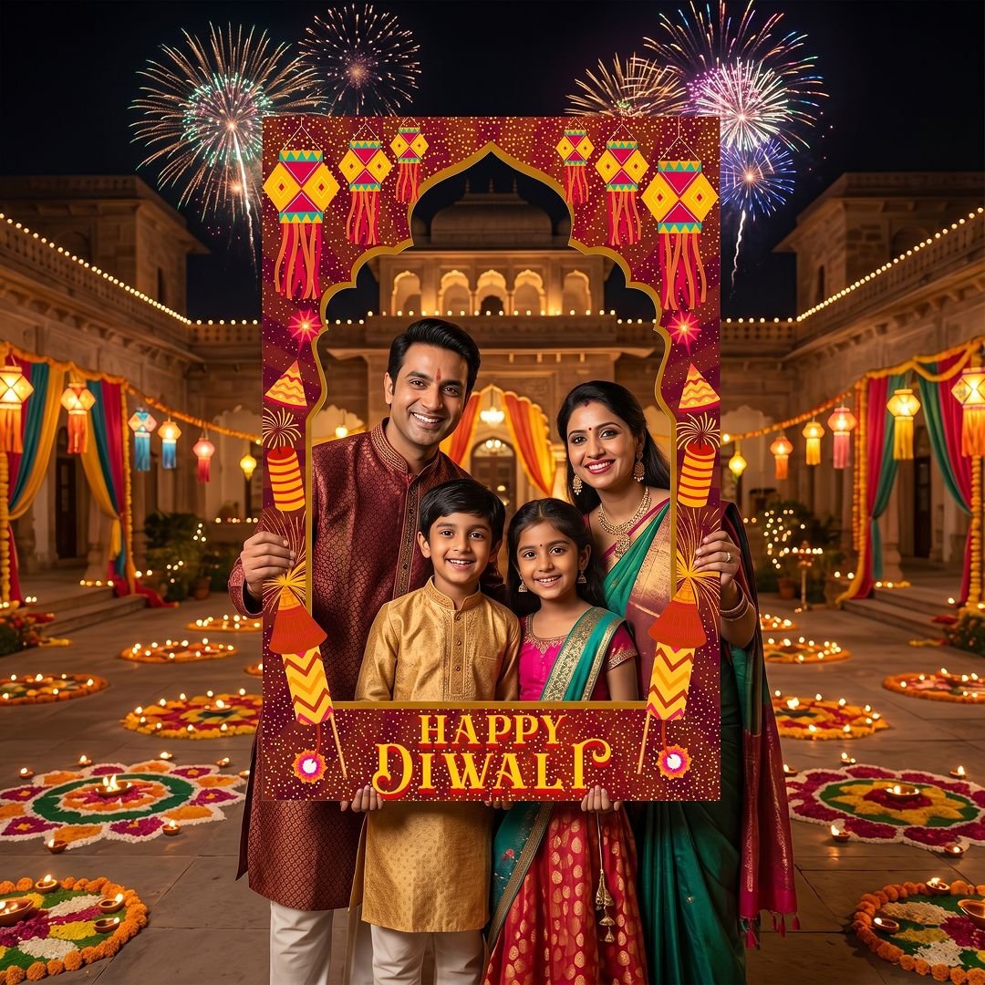 Happy Diwali Family Selfie Frame with Fireworks and Palace Theme – 1 Piece - Image 2
