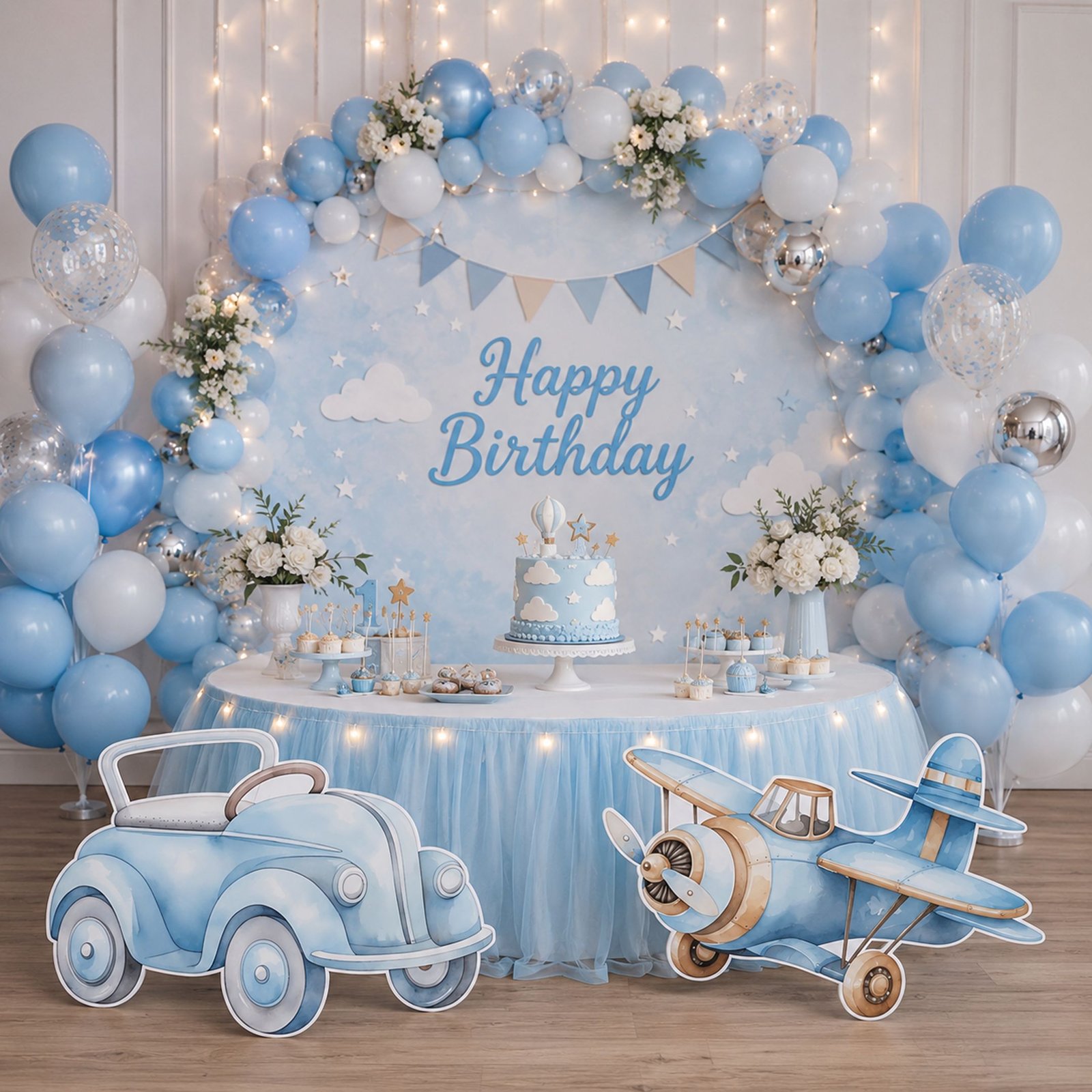 Blue Vintage Car & Airplane Cutout Set – Adventure Birthday Party Display