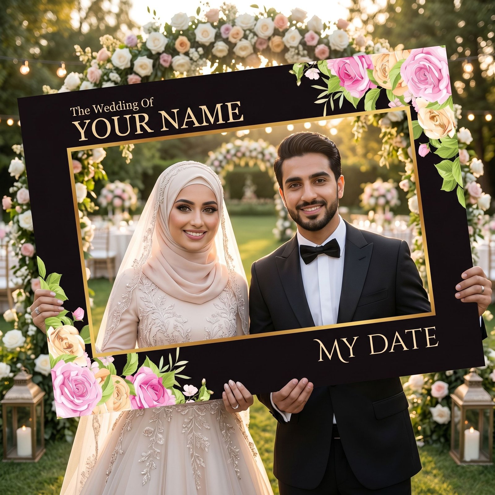Luxury Muslim Wedding Selfie Frame with Floral Black and Gold Theme – 1 - Image 2