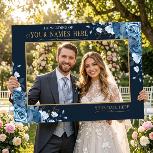 Floral Wedding Selfie Frame with Couple Names and Date Area – 1 Piece