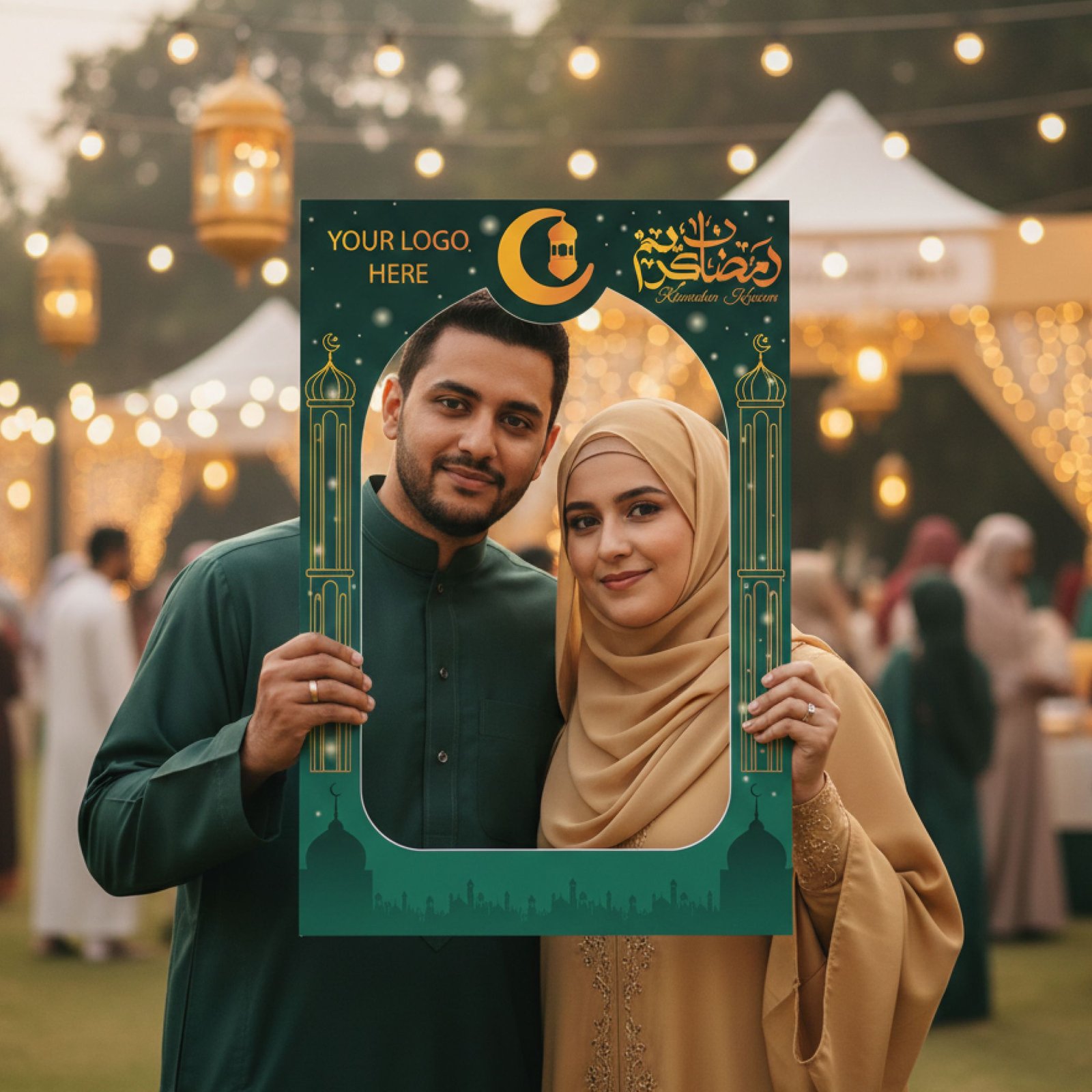 Ramadan Mubarak Selfie Frame with Crescent Moon and Lanterns – 1 Piece - Image 2