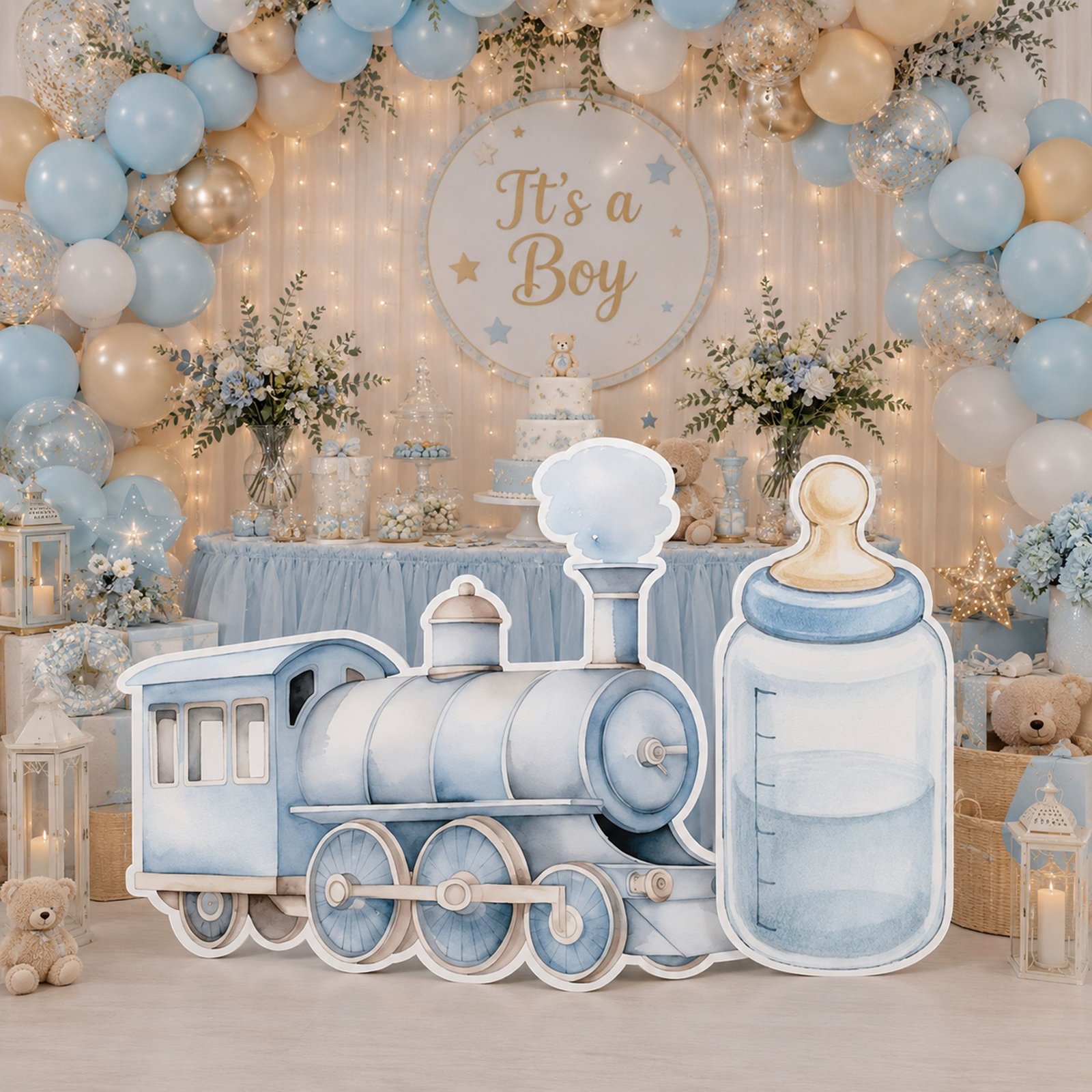 Baby Boy Train & Bottle Character Cutout Set – Blue Baby Shower Party - Image 2