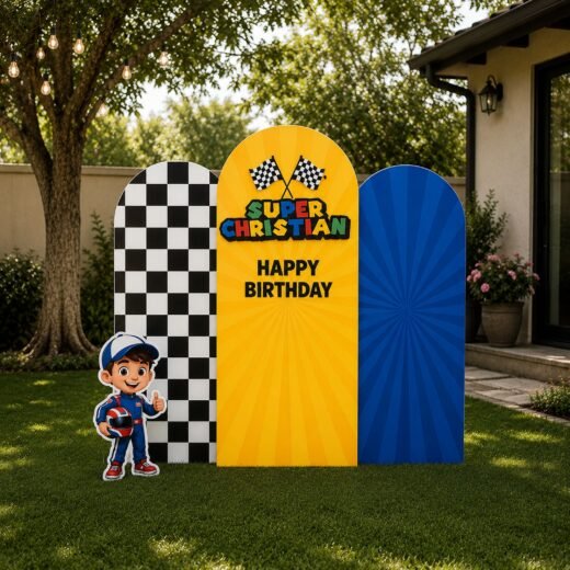 Racing Theme Birthday Backdrop Set with Racer Character Cutout – 4 Pieces