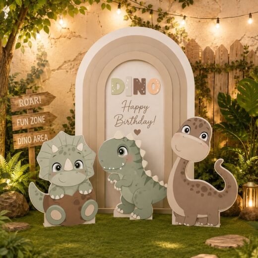 Dino Happy Birthday Backdrop Set with 3 Character Cutouts & Name Cutout