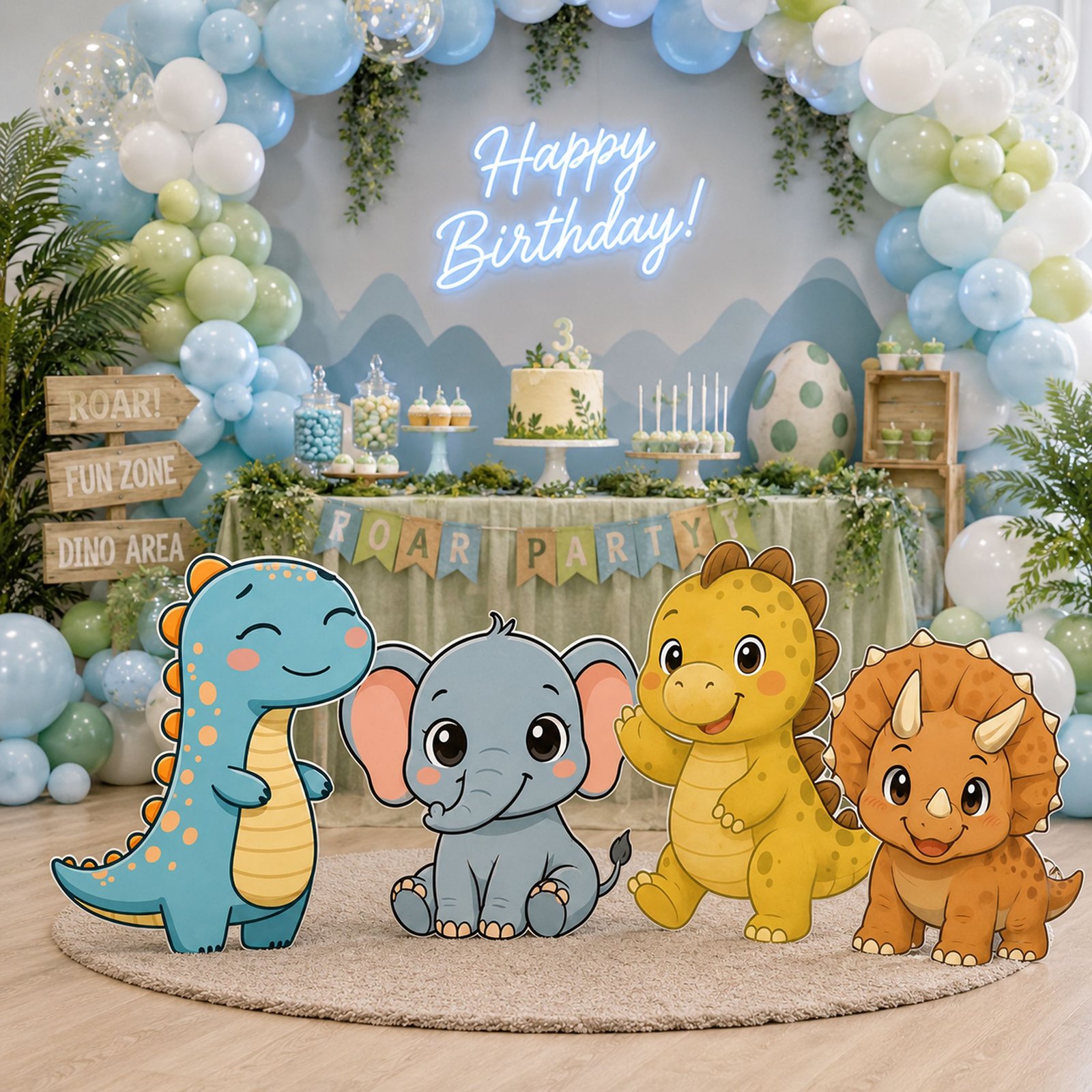 Dinosaur & Baby Elephant Character Cutout Set – Dino Friends Party Display - Image 3