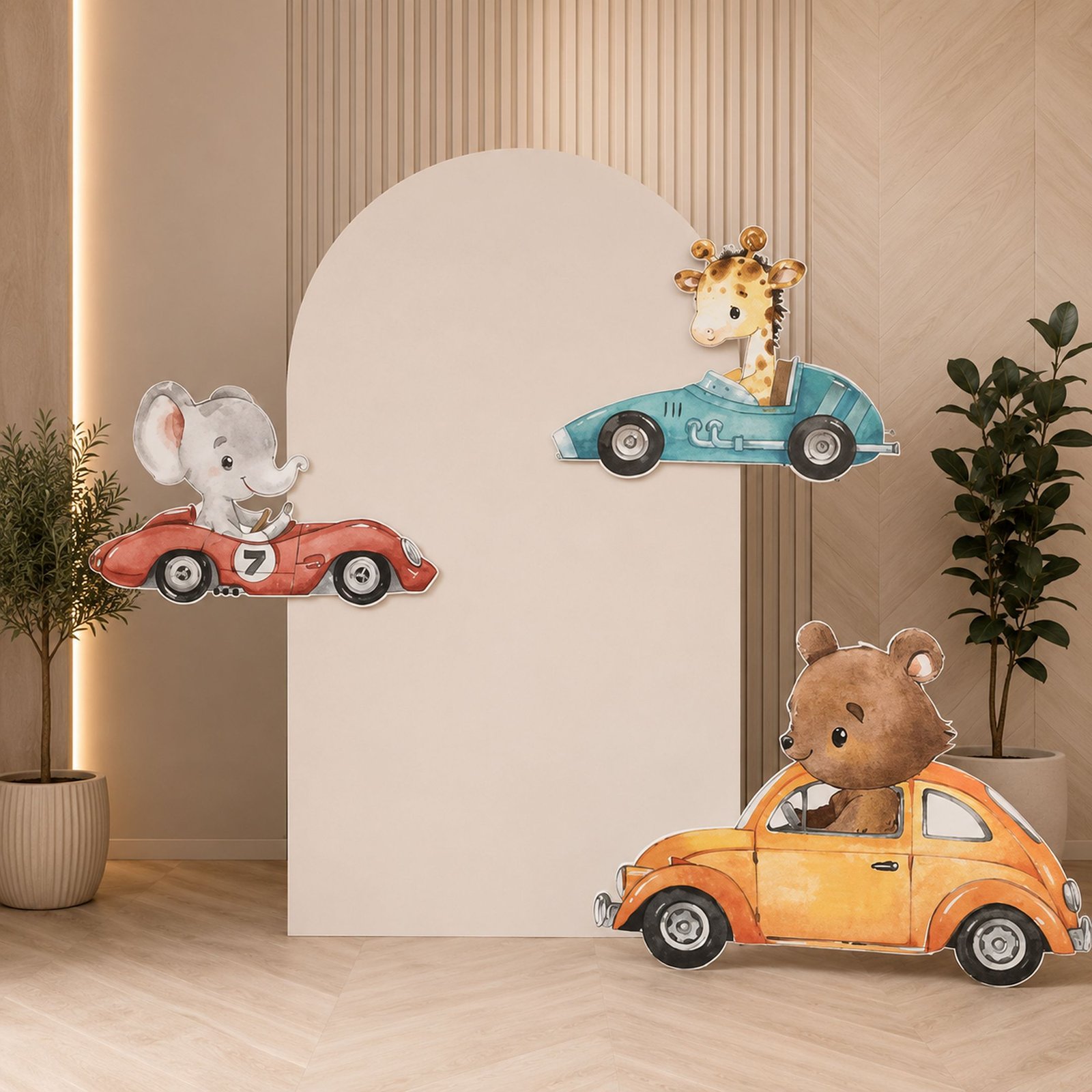 Animal Car Birthday Backdrop Set with 3 Vehicle Cutouts – 4 Pieces