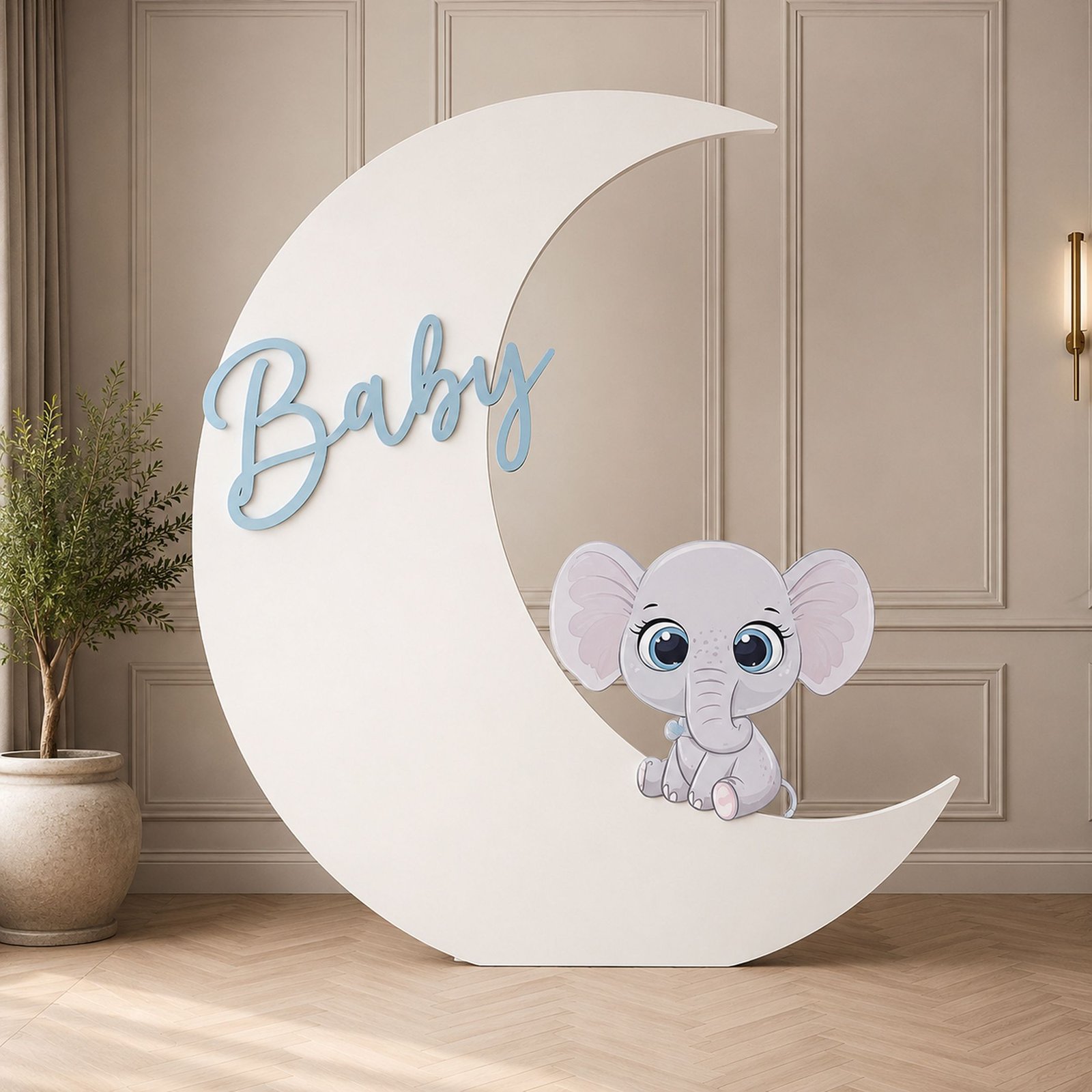 Crescent Moon Baby Backdrop with Character & Name Cutout – 2 Pieces