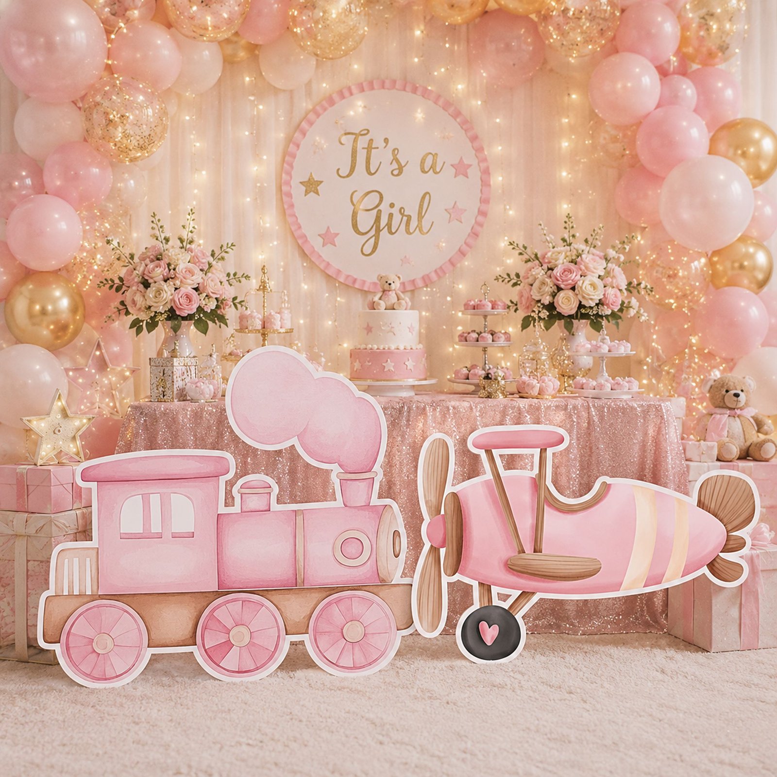 Pink Train & Airplane Character Cutout Set – Girls Travel Birthday Display - Image 2