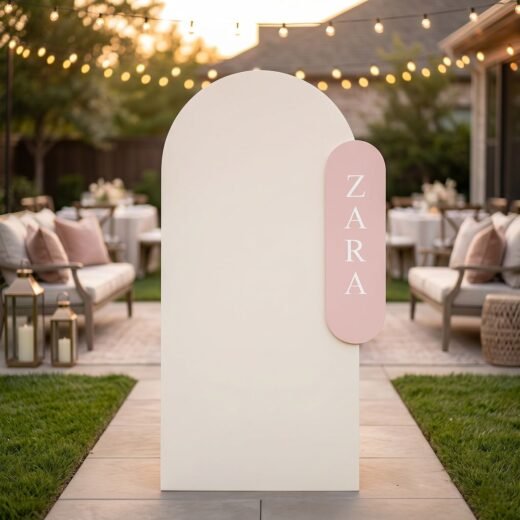 White Arch Welcome Board with Pink Side Tag Garden Wedding Sign – 2 Pieces