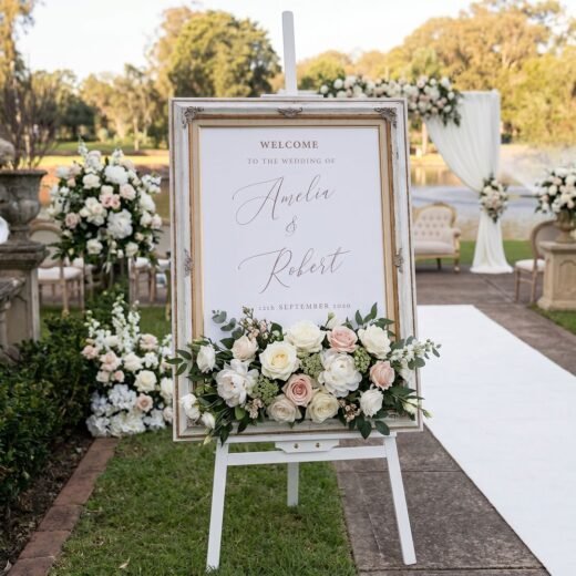 Gold Frame Wedding Welcome Board – Elegant Floral Celebration Entrance