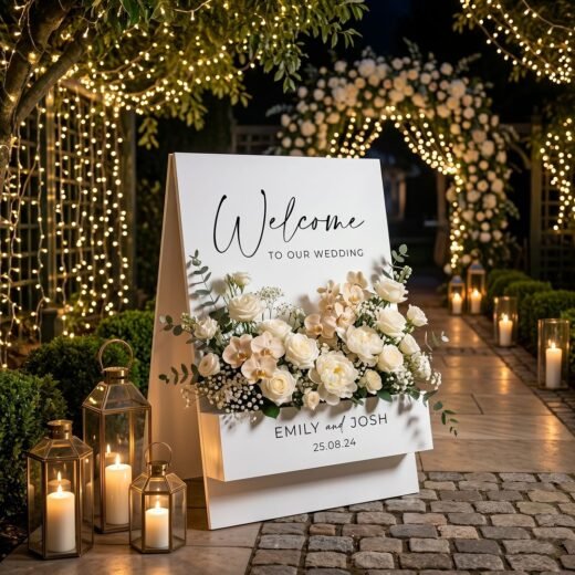 Luxury White Floral Wedding Welcome Board Entrance Sign – 1 Piece