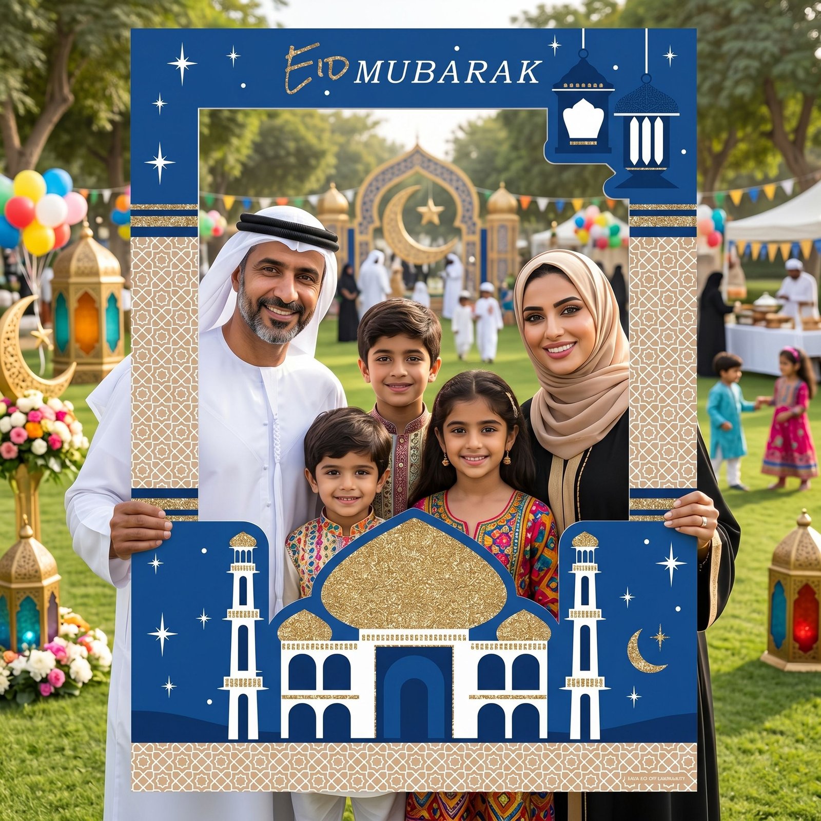 Eid Mubarak Mosque Selfie Frame with Blue Islamic Pattern – 1 Piece