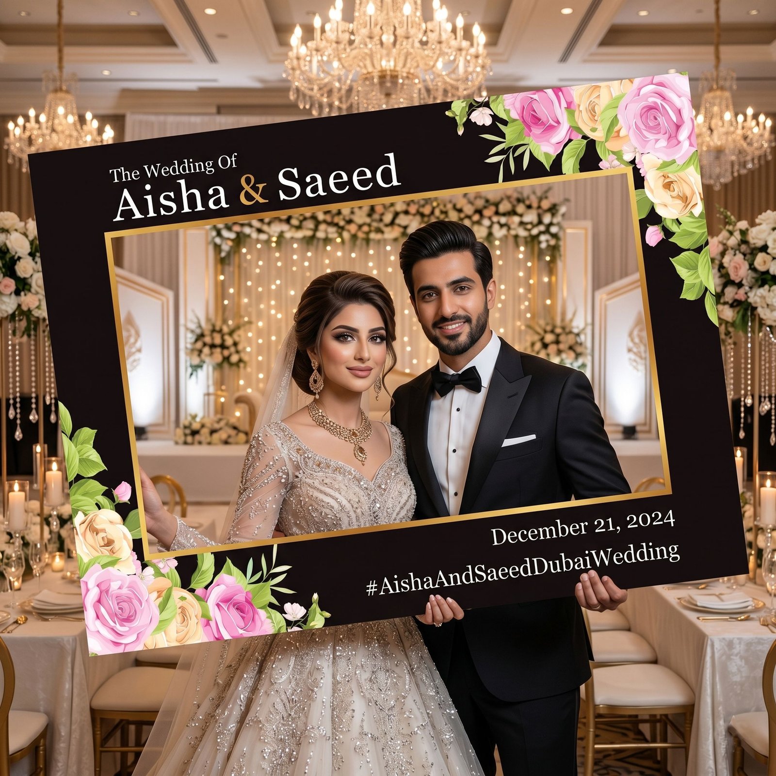 Luxury Muslim Wedding Selfie Frame with Floral Black and Gold Theme – 1 - Image 3