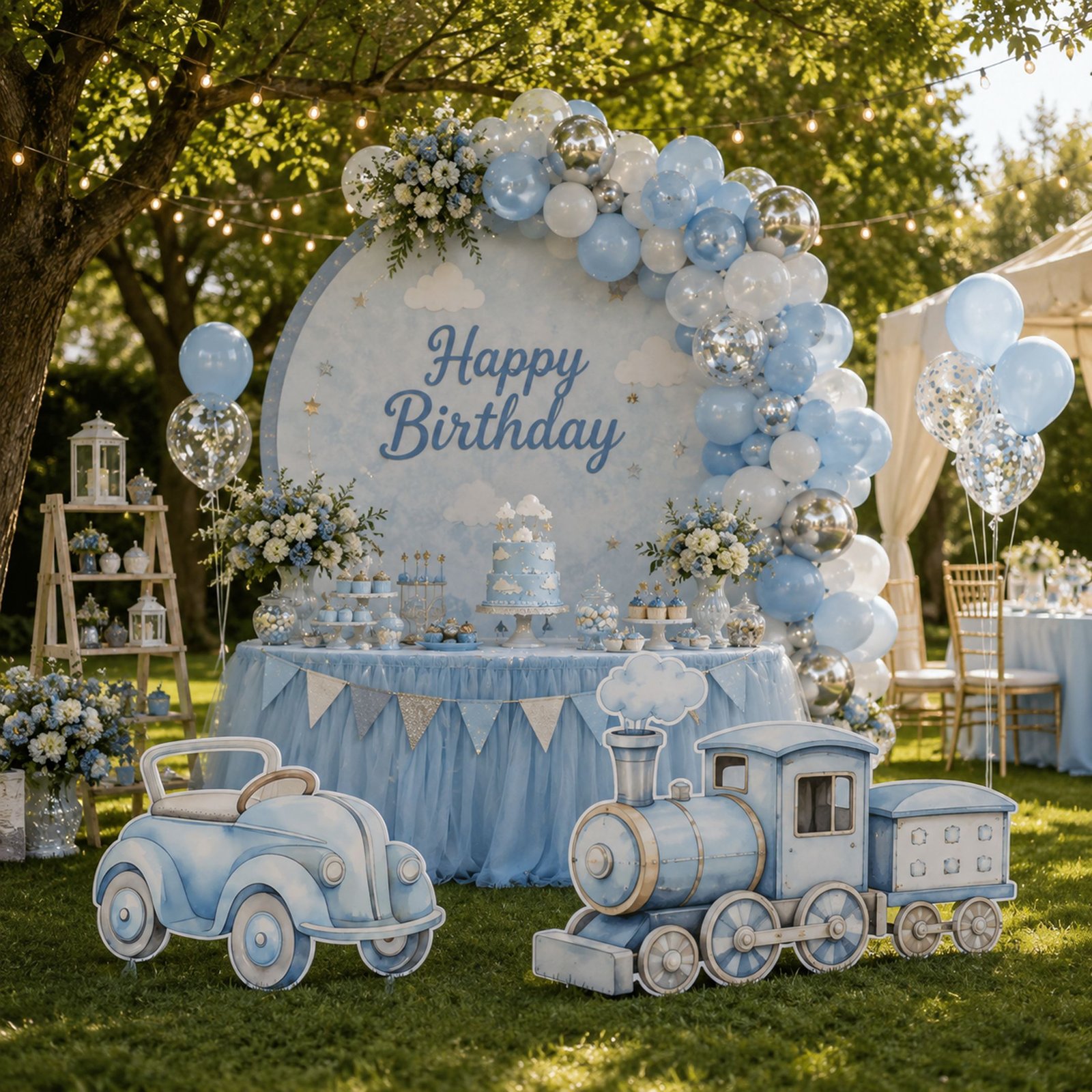 Blue Vintage Car & Airplane Cutout Set – Adventure Birthday Party Display - Image 3