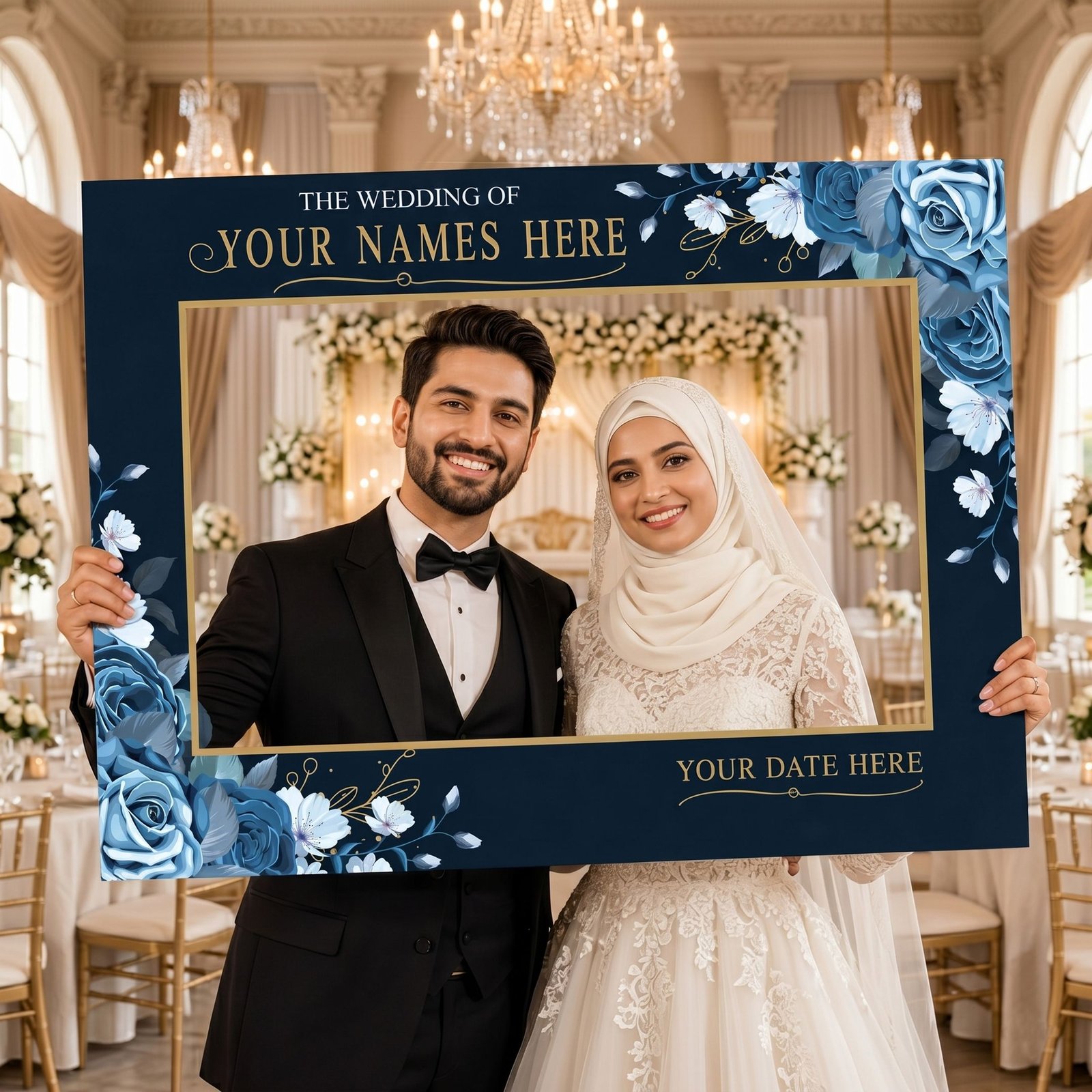 Floral Wedding Selfie Frame with Couple Names and Date Area – 1 Piece - Image 2
