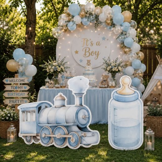 Baby Boy Train & Bottle Character Cutout Set – Blue Baby Shower Party