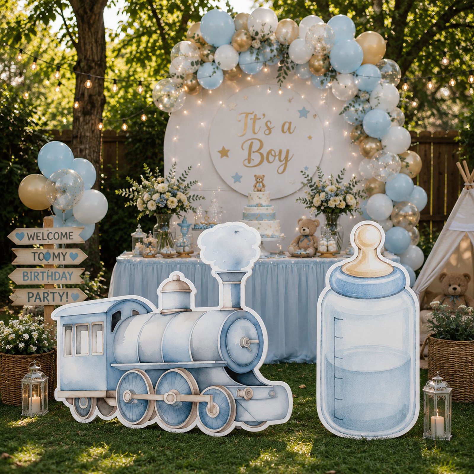 Baby Boy Train & Bottle Character Cutout Set – Blue Baby Shower Party