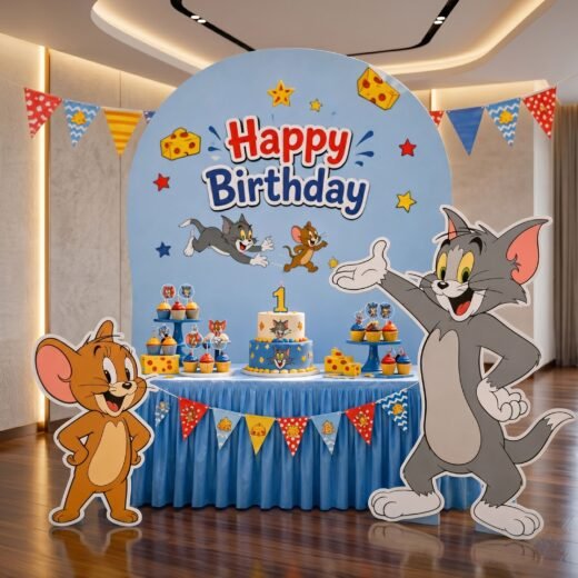 Cartoon Cat & Mouse Inspired Birthday Backdrop Set with 2 Character