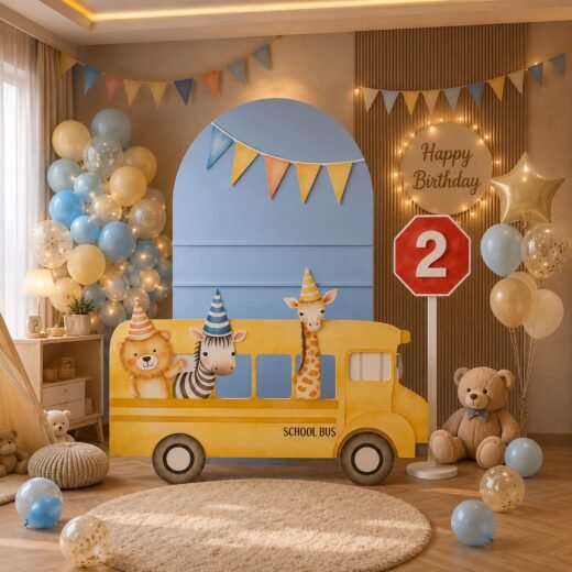 School Bus Animal Birthday Backdrop Set with Number Sign – 3 Pieces
