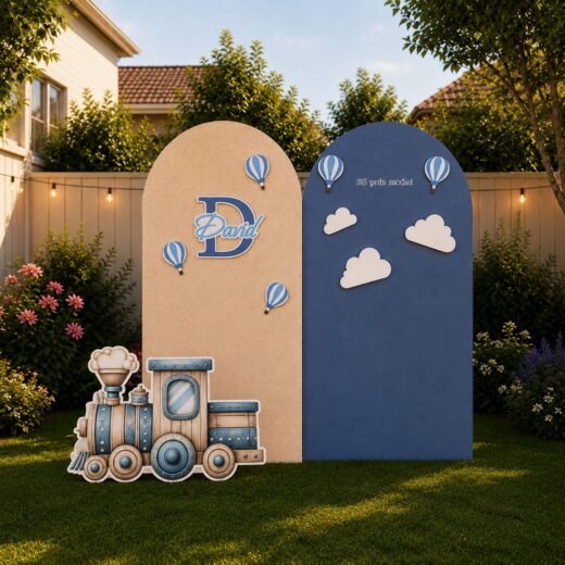 Vintage Train & Hot Air Balloon Birthday Backdrop Set with Name Cutout