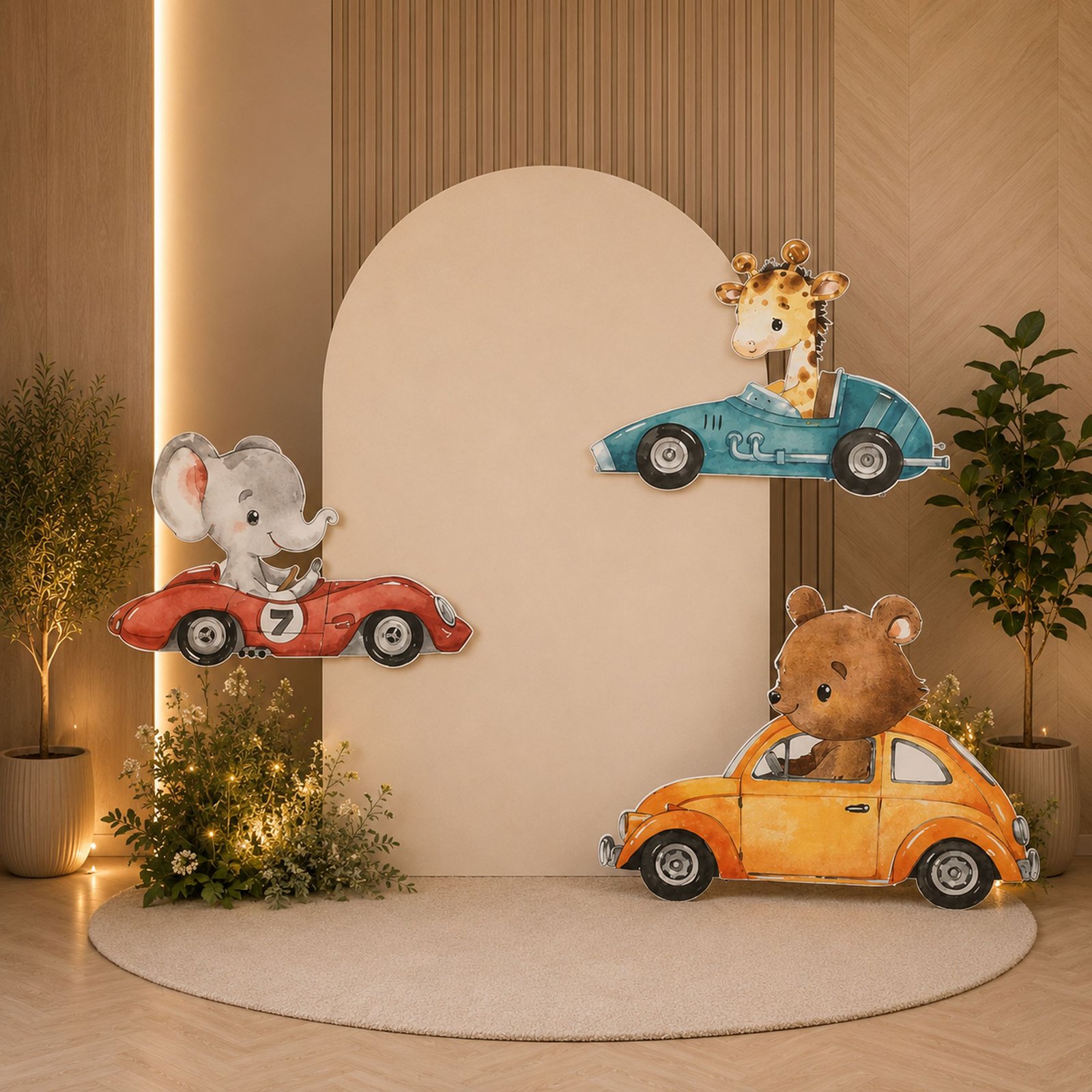 Animal Car Birthday Backdrop Set with 3 Vehicle Cutouts – 4 Pieces - Image 3
