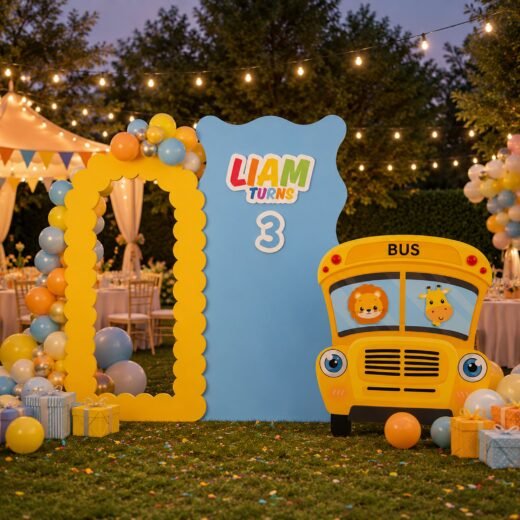 Kids Birthday Backdrop Set with Arch Panel & Bus Cutout – 3 Pieces
