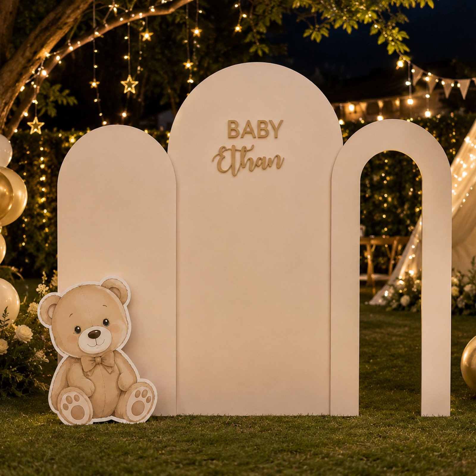 Teddy Baby Celebration Backdrop Set with Bear Cutout – 4 Pieces